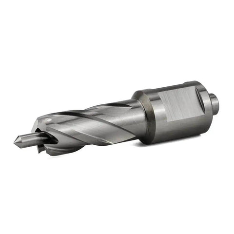 Fast Nine Sixteenths Inch Annular Cutter For Magnetic Drill Press With One Inch Cutting Depth And Three Quarter Inch Weldon Shank Pilot Pin Dual Teeth For Faster Holes In Steel By OSCARBIDE shown in side view