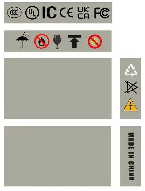 Compliance symbols and safety icons on product packaging; includes recycling, electrical caution, and 'Made in China' text.