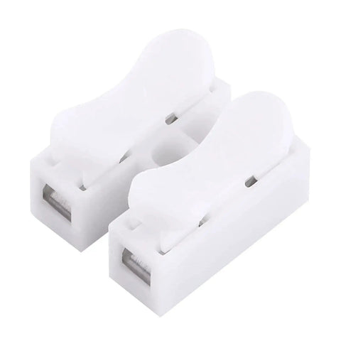 Front view of 2 Pin Quick Connect Wiring Terminals Kit, 100-Piece Assortment, Easy Snap Splice Connectors, white insulated clamps