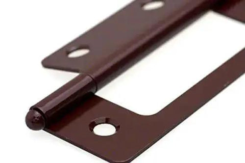 Close-up of 2.5-Inch Lightweight Iron Flash Hinge With Wood Screws For Quick Hanging, Universal Handed Design