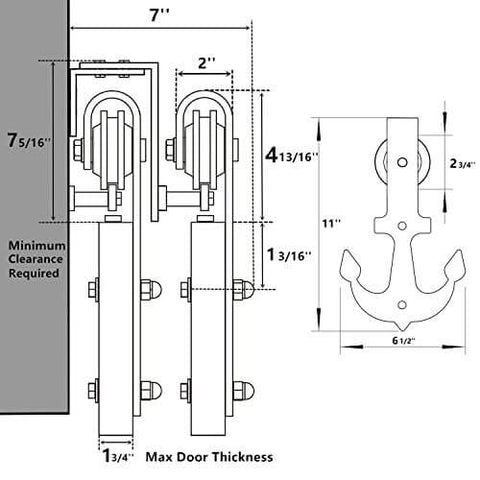 Diagram of Black Rustic Double Track U Shape Bypass Sliding Barn Door Hardware Kit For Two Doors With Seven Point Five Feet Flat Track And Anchor Rollers.