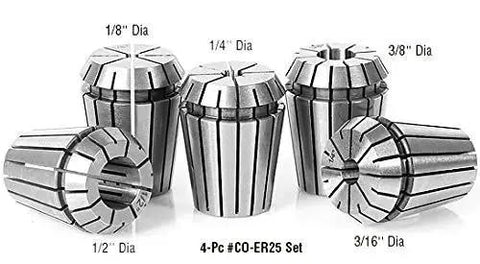 ER25 spring collet set showing various sizes, highlighting 3/8 inch diameter, for CNC router tool holder with rock solid spindle grip.