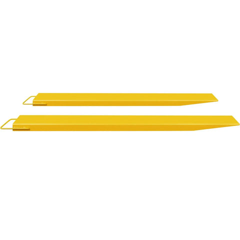 Yellow 96 Inch Fork Extensions For 5 Inch Forks Forklift Loaders Heavy Duty Steel Pair shown from side view