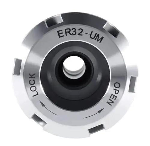 Top view of R8 Shank ER32 Collet Chuck for CNC Milling and Lathe Tools, showing lock and open mechanisms, ultra precision