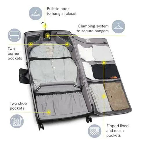 Open Lightweight DuraTec rolling garment bag with hanger clamp system, spacious interior, ideal for Delsey Paris Helium DLX, wrinkle-free travel.