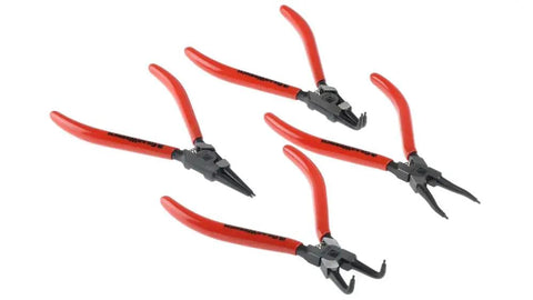 4 Piece Fixed Tip Internal And External Snap Ring Pliers Set, 7 Inch Length, red handles, Model 82150 displayed on white background.