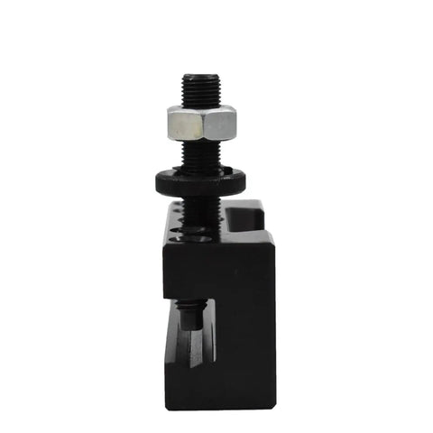Side view of black AXA 250 102 tool holder for wedge type tool post mini lathe up to 12 inch for turning tools in workshops.