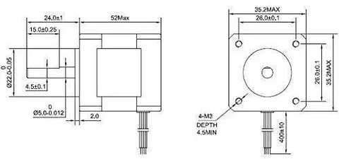 Diagram of Beefy High Torque Nema 14 Stepper Motor for 3D Printers with 1.5A current, 40 Ncm holding torque, 4 wire bipolar showing dimensions.