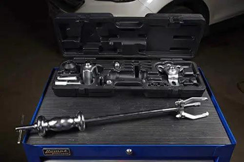 9 Way Slide Hammer Puller Set Heavy Duty Black Finish with Internal and External Jaws displayed on a tool cart