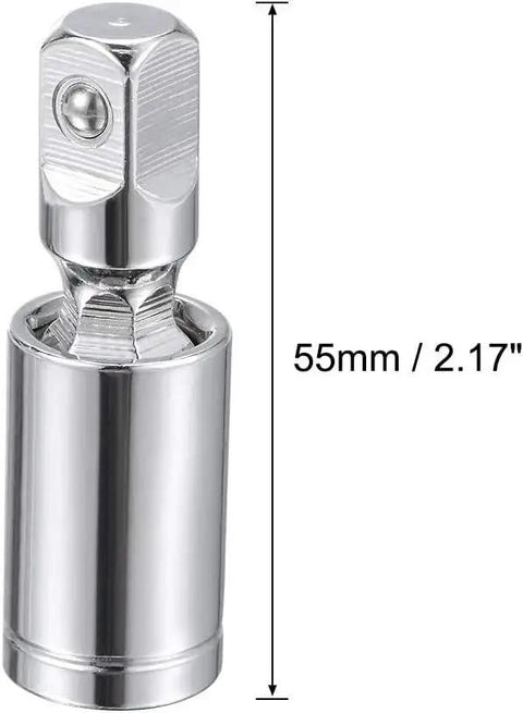 Chrome 3/8 inch universal joint socket adapter, 55mm length, metal reducer adapter