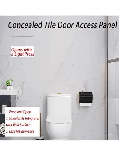 Seamless, heavy duty concealed hinges install invisibly behind tile in bathroom, for hidden access panels with clean, modern look.