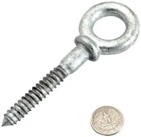 Shoulder Pattern Screw Eye Bolt, Hot Dipped Galvanized, 1/2 Inch By 3-1/4 Inch Overall Length, shown next to a coin for scale.