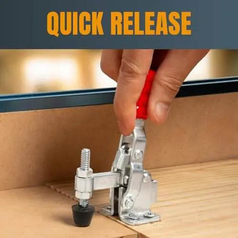 Rock Solid 8 Pack Toggle Clamp Set With 200 Lb Holding Capacity Heavy Duty Quick Release Vertical Clamps secured on wood surface