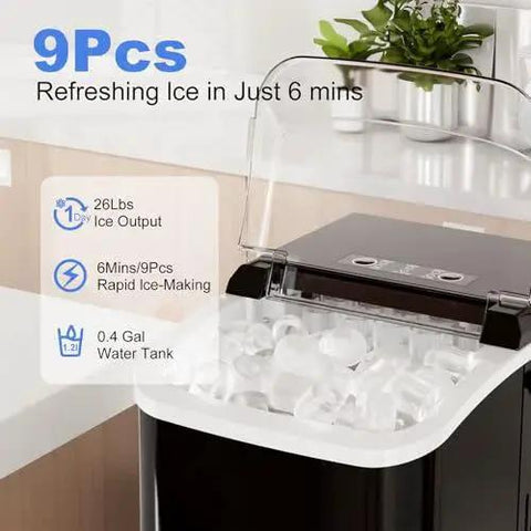 Portable Countertop Ice Maker With Handle 9 Cube Ice In 6 Minutes Auto Clean on kitchen countertop with 9 ice cubes visible.