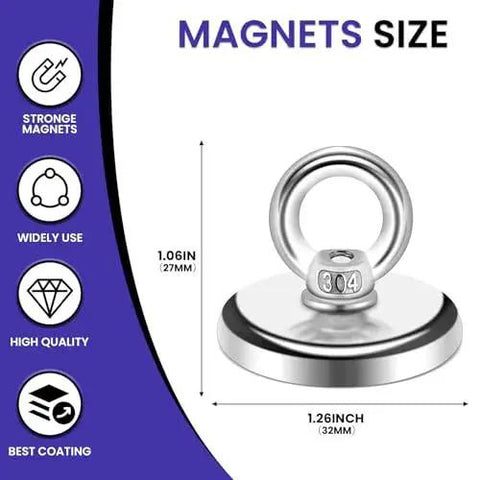 Side view of Six Pack Neodymium Fishing Magnets 100 Lb Pull For River Retrieval showing dimensions and features.