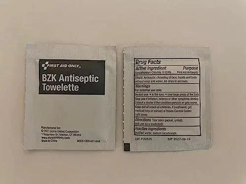 BZK antiseptic towelette from All Purpose 57 Piece Emergency First Aid Kit For 10 People, Ideal For Office, Worksite, Home, And Car.