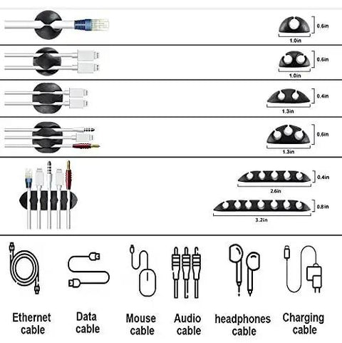 All In One Cable Management Kit For TV Office And Car With 4 Cord Sleeves 10 Pcs Wire Ties 36 Self Adhesive Cord Clips 2 Rolls Self Adhesive Cable Ties And 100 Nylon Ties showing cable organizers and labels.