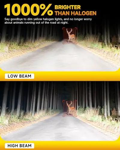 Comparison image showing low beam and high beam illumination of Ultra Bright H11 H9 H8 LED Headlight Bulbs Pack Of 2, 1x1 Mini Size Plug And Play, 6500K Cool White Halogen Replacement.