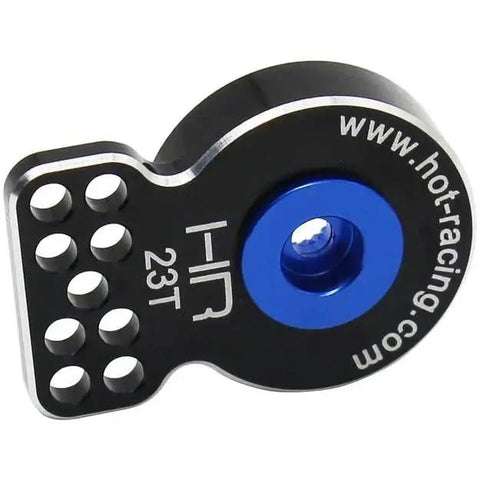 Aluminum servo saver 23T, black with blue center screw, Hot Racing logo visible front view