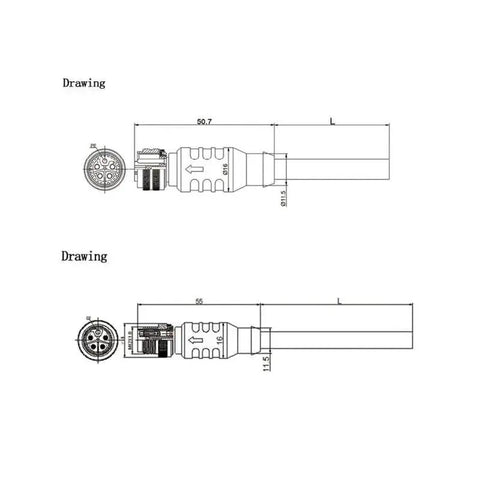 Technical drawing of Five Pin L Code M12 Connector Cable From Female To Male For Rail Transit Power And Robotic Arm Control IP67 Waterproof