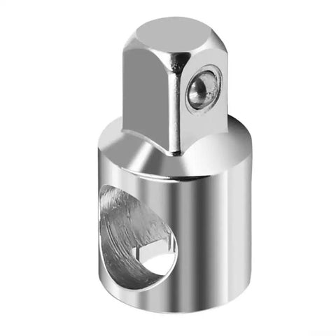 Close-up of chrome steel sliding rod socket adapter, 3/8 to 1/2 inch, Amazon brand ratchet sleeve connector