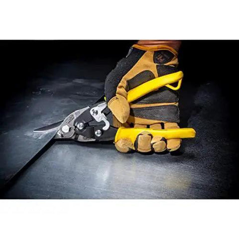 Hand using 9-3/4 Inch MetalMaster Compound Action Snips For Straight Left And Right Cuts With Yellow Ergonomic Handles, Precision Molybdenum Blades With Ground Edges And Serrations For Cutting Low Carbon Cold Rolled 18 Gauge Steel Crescent Wiss on sheet metal.