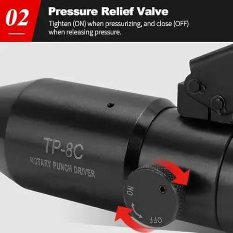 Close-up of rotary punch driver showing pressure relief valve on the Hydraulic Knockout Punch Kit With Manual Hole Cutter Set For Electric Conduit Includes Six Dies For Clean Holes In Metal Sheets And Distribution Boxes Heavy Duty Pro Grade Tool For Quick Punching And Fabrication.