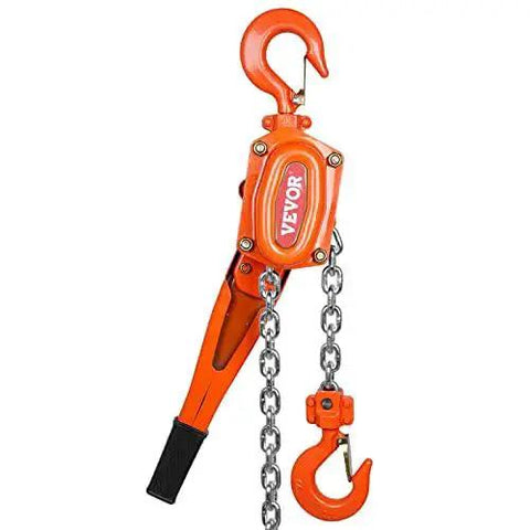 Front view of 1.5 Ton Manual Lever Chain Hoist With Double-Pawl Brake 10 Ft Lift in orange, showcasing hooks and chain.