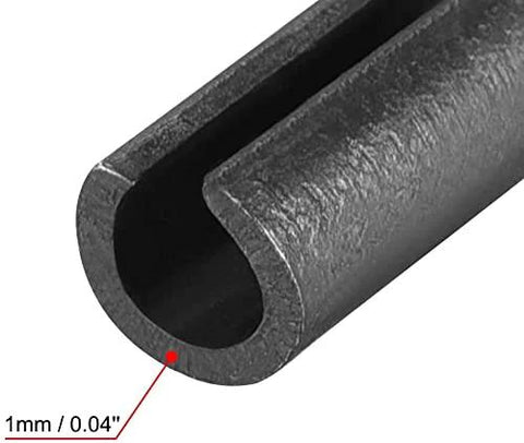 Close-up of a 5mm by 14mm slotted spring pin made of 65Mn steel with smooth finish for precise positioning in machinery projects.