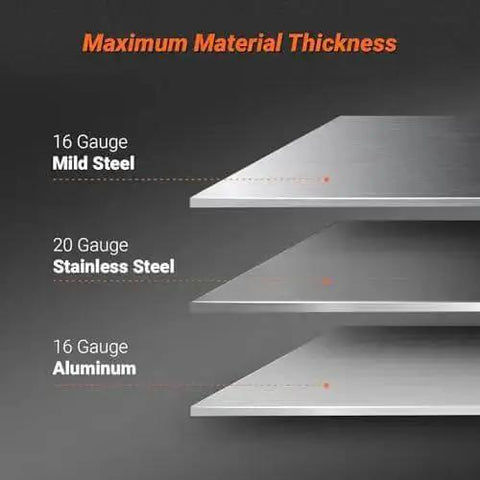 Maximum material thickness for 24 Inch Industrial Magnetic Pan And Box Heavy Duty Sheet Metal Brake; steel, stainless steel, aluminum gauge display.