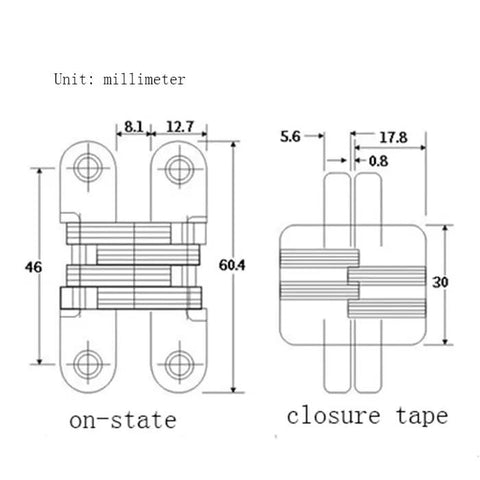 Diagram of Two Pack Sleek Concealed Cross Hinge For Cabinets And Front Doors 180 Degree Hidden Hinge made from zinc alloy