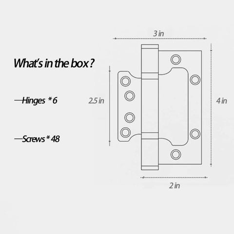 VOLUKA black 4x3 in non-mortise door hinge; illustration shows 6 hinges and 48 screws.
