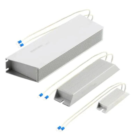 Three aluminum braking resistor shells for frequency converters; front and side views, 100–2000W