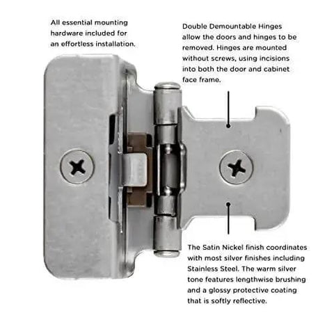Beefy Double Demountable Cabinet Hinges Set, Half Inch Overlay, Self Closing, 170 Degree Face Frame Opening, Satin Nickel Finish