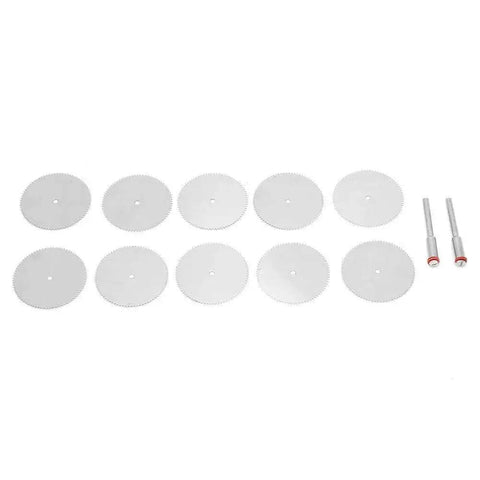10Pcs Stainless Steel Drill Attachment Discs For Rotary Tools Metal Cutting Saw Blades Set For Drills with 10 discs and 2 rods