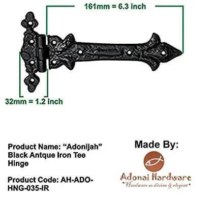 Antique Cast Iron Strap T Hinge 7.9 Inch Two Pack Matte Black, product packaging showing dimensions and product code.