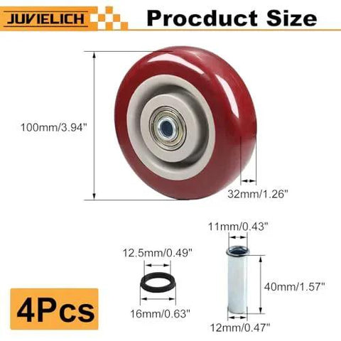 Four Inch PU Caster Wheels Set Four Pcs Wheel Only Heavy Duty Plate Caster Replacement shown with dimensions and components.