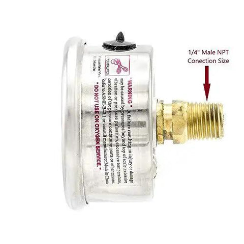 Side view of center back mount glycerine filled pressure gauge with stainless steel case, 1/4 inch NPT connection, brass internals.