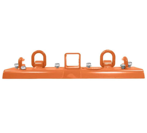 Front view of Orange Tractor Bucket Grab Hooks Bolt On Plate With D Ring And Grab Hooks For 2 Inch Hitch Receiver, powder coated.