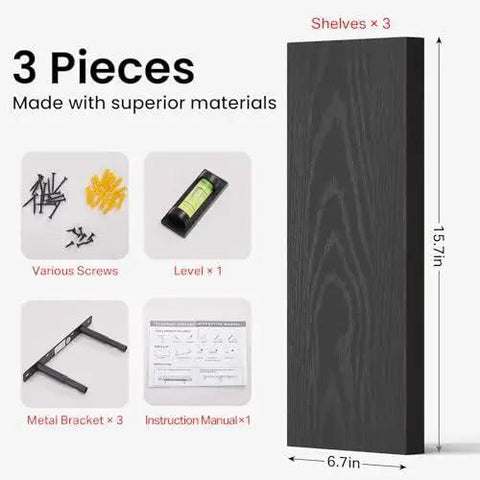 Wall Floating Shelves set of 3 with screws, level, metal brackets, instructions, 15.7in length, 22lbs capacity, black, wall mounted rustic wood.