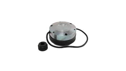 Forklift electromagnetic brake with round metal housing, black base, and wiring (front view)