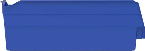 Side view of a blue Built Tough Plastic Shelf Bin 12 inch by 3 inch by 4 inch for garage storage, part of a 24 pack versatile set.
