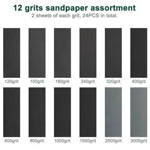 Variety of 12 grits from 120 to 3000 in 24 Piece Sandpaper Set With 12 Grits From 120 To 3000 Wet Dry Silicon Carbide Sheets display