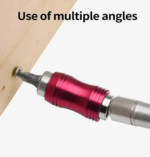 Pivoting One Quarter Inch Magnetic Bit Holder For Drills, Bendable Twenty Degree Screwdriver Extender in use at an angle
