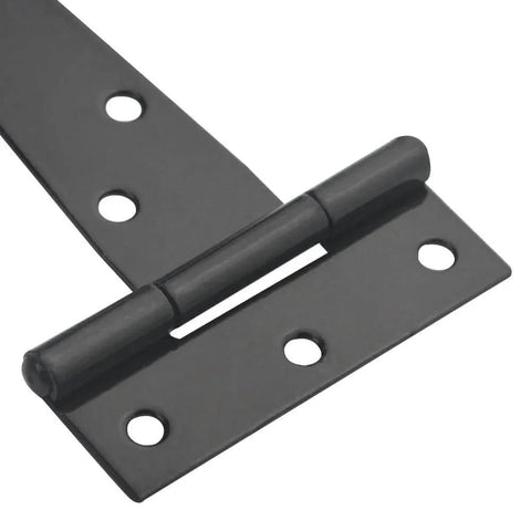 Close-up of a black 6-inch T strap shed hinge, part of a 6 Pack 6 Inch T Strap Shed Hinges Heavy Duty Black For Barn Doors Sheds And Wooden Fences.