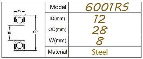 Diagram of Five Pack 12x28x8mm Rubber Sealed Deep Groove Ball Bearing 6001-2RS with dimensions and steel material