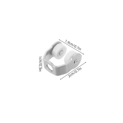 Close-up of a single metal folding door roller with track wheel, dimensions shown for 25 Piece Metal Folding Door Rollers With Track Wheels For Sliding Doors, Heavy Duty Curtain Pulley System For Home And Office Installation, Built Tough For Long Lasting Durability, Smooth Glide, No Fuss Install, Load Bearing.