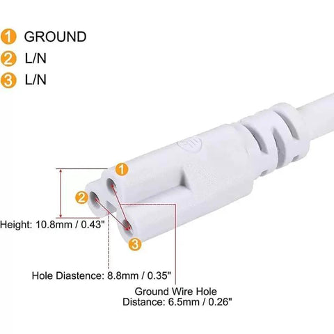 Close-up of 6 Foot LED Tube Extension Cord Set 4 Pack For T5 T8 Lights with three prong connectors and measurements