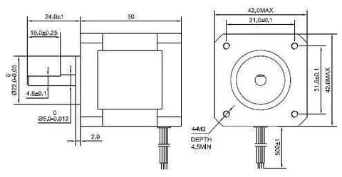 Technical drawing of Three Pack Nema 17 Bipolar Stepper Motors Kit With 92 Oz-In Torque, 1.8 Degree Step, 60mm frame, wire connections shown.