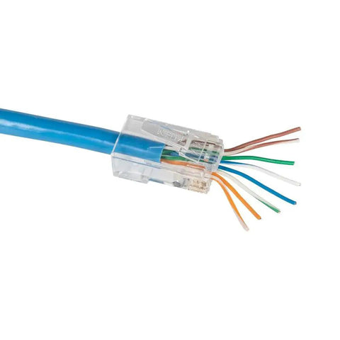 Close-up of Modular Data Plug For CAT6A And Thicker CAT6 Cables, No Fuss Fast Pass Thru Install, showing inserted blue cable and wires